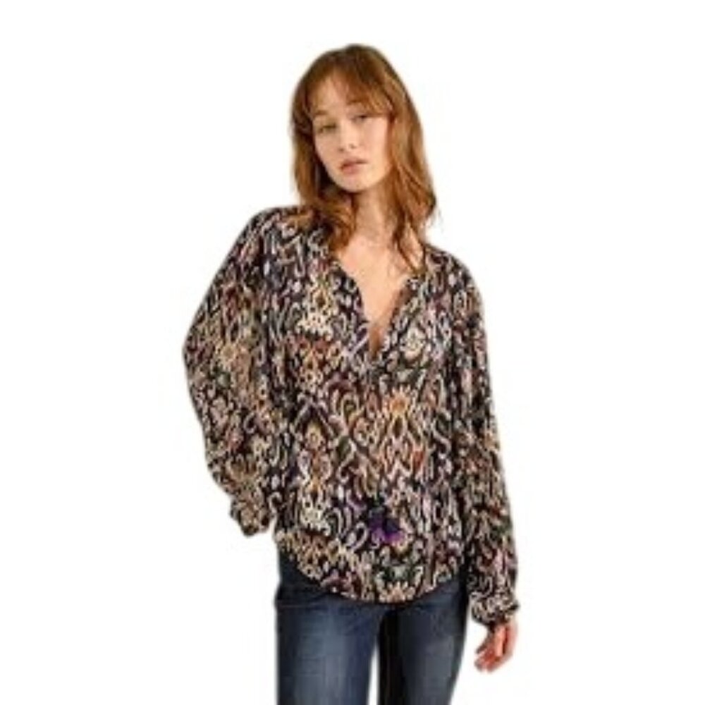 Molly Bracken Oversized Printed Sheer Blouse V Neck Pom Pom Long Sleeves Sz S
